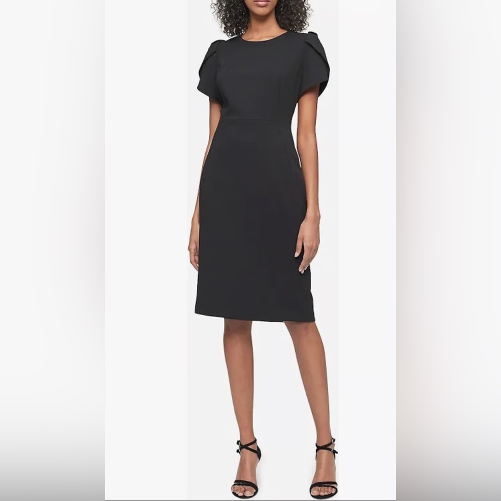 Calvin Klein Black Sheath Dress Short Tulip Sleeve Size 14W Crew neck Stretch